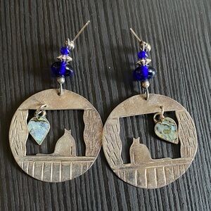 Silver Cat and Heart Dangle Earrings marked Mexico with glass beads abalone